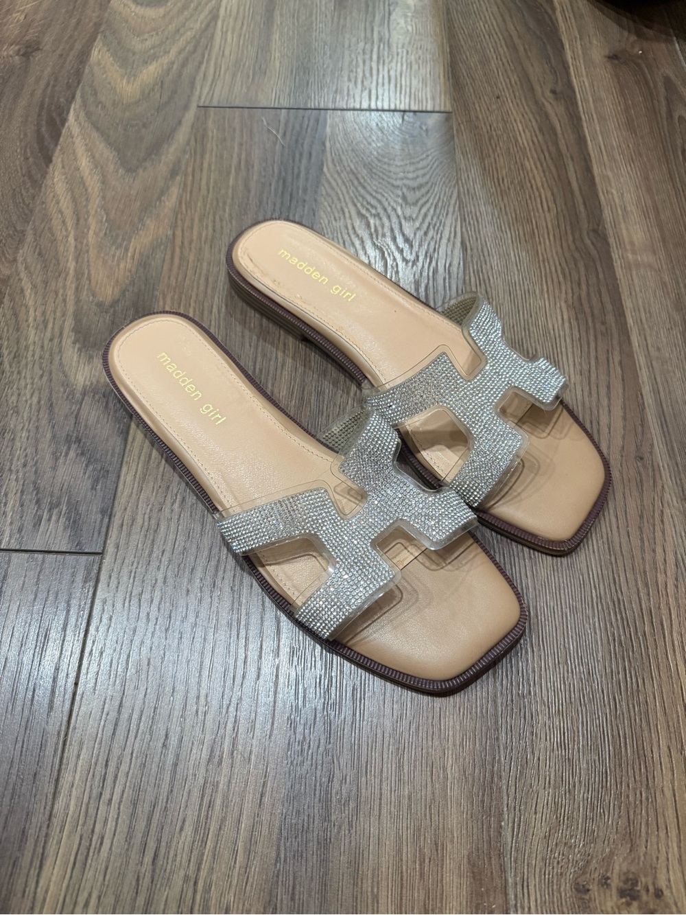 Madden Girl Sparkle Clear Sandals in Nude with Crystal Accent